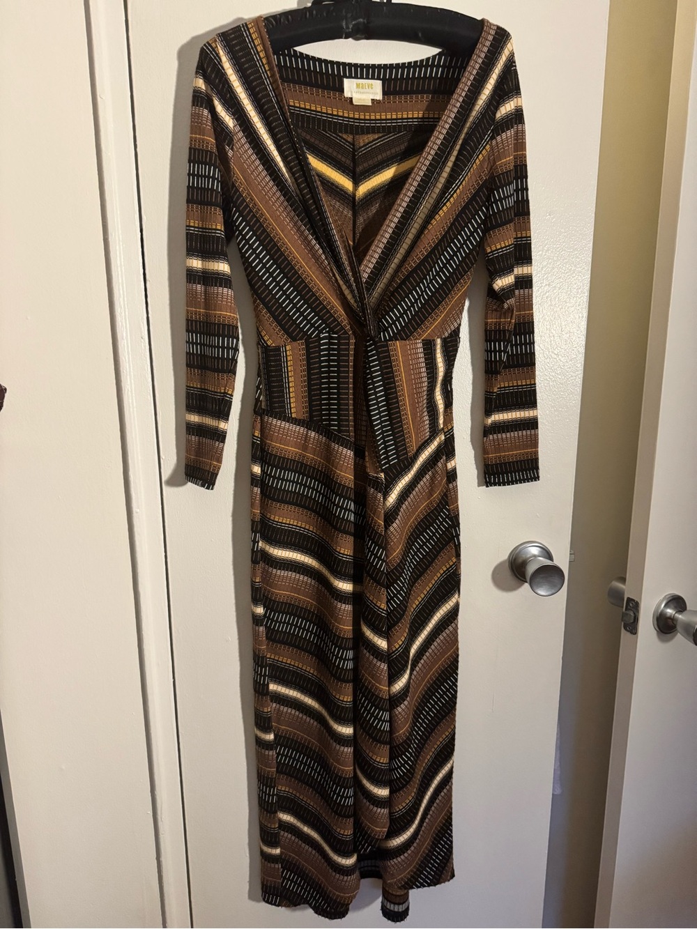 Maeve Antropologie V-Neck Long Sleeve Brown Patterned Maxi Dress- XS